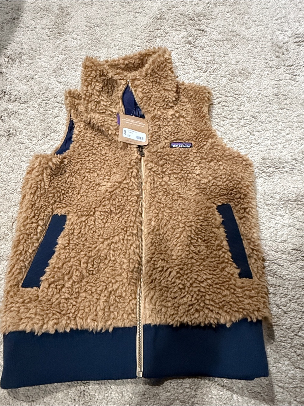 Patagonia Tan Sherpa Vest with Navy Accents